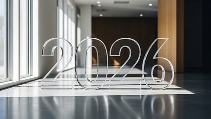 Clear acrylic numbers representing the year 2026 shine brightly in a modern bright corporate hallway setting