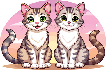 Cute twin tabby kittens cartoon illustration sitting together with colorful sunset background and adorable expressions