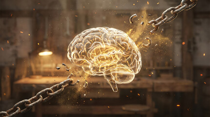 A brain appears to break free from chains, signifying the power of knowledge and innovation. The setting suggests a workshop or creative space. This represents liberation and intelligence