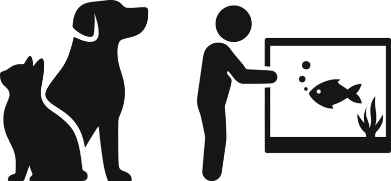 Pet care silhouette illustration showing dog cat and person feeding fish aquarium concept icon design