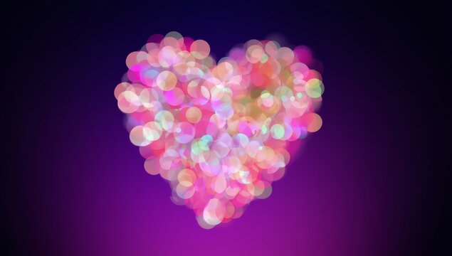 A vibrant heart made of blurred colorful circles serves as a decorative background for Valentine's Day. This design can be used in cards, gifts, or social media posts to show love