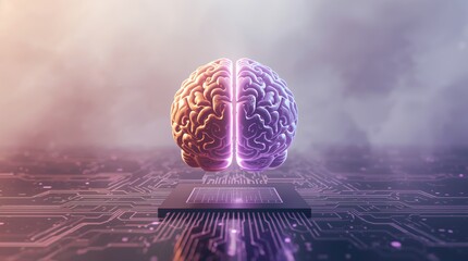A brain model is shown on a circuit board, symbolizing the connection between human intelligence and digital technology. This scene portrays innovation in AI