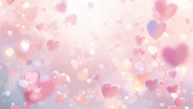 Hearts in various sizes and colors are scattered across a blurred background. This creates a festive feeling suitable for Valentine's Day cards and celebrations