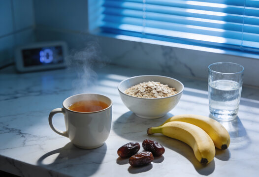 Morning meal with hot tea, oats, bananas, dates and water on counter breakfast hot drink