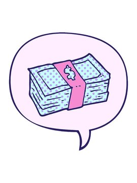 bobbing motion animation of cartoon stack of cash with speech bubble in comic book style