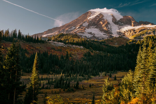 Aerial view of Mount Rainier's snow-dusted peak rising majestically above the lush tapestry of evergreen forests and golden meadows, Washington, United States.