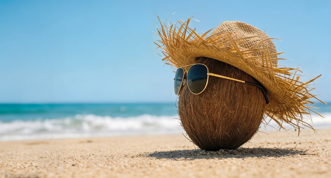 Noix de coco sur la plage avec un chapeau en raphia naturel et des lunettes de soleil, arri&egrave;re plan sur la mer bleu vacances sous le soleil, espace vide pour produit ou texte
