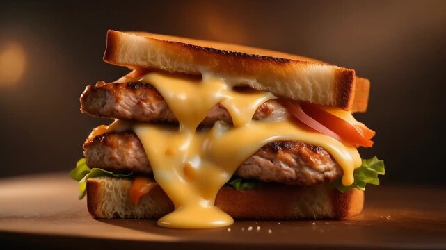 Grilled sandwich with melted cheese dripping, dark moody background, dramatic lighting, slow camera push in, ultra detailed texture, comfort food commercial style, 8K.