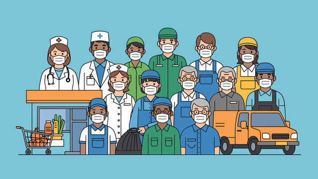 Diverse group of essential frontline workers wearing protective face masks, showcasing vital community services across healthcare, retail, and delivery professions