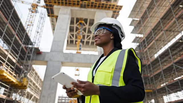 Visionary Architect at Work: An architect, clad in protective gear, gazes at the construction site. She holds a digital tablet.