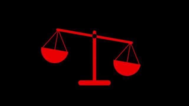 judgement law justice animation scale. Fairness scales of justice. 4K video motion graphic animation. An ornate brass justice scale .4K black background visuals