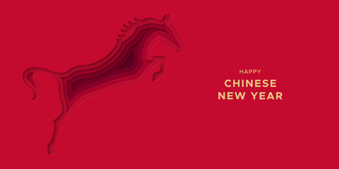 Fototapeta na wymiar Happy Chinese New Year of the horse 2026 paper cut illustration template in realistic 3d style. China culture festival event banner with papercut animal shape. Traditional cutout greeting card design.