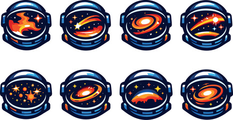 Two-Color vector icons of an interstellar reflection within a spacefaring helmet: nebula visor, star ribbon, glowing galaxy,