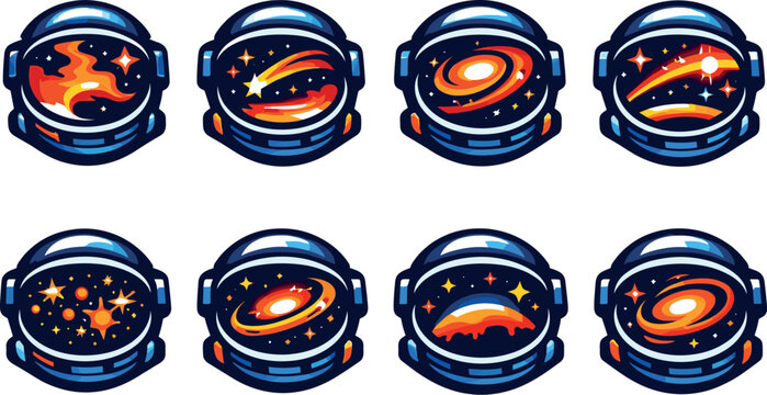 Two-Color vector icons of an interstellar reflection within a spacefaring helmet: nebula visor, star ribbon, glowing galaxy,