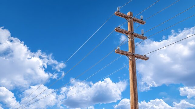 Tall wooden utility pole against a backdrop of bright blue sky and fluffy white clouds, representing infrastructure, nature, and modern living environment