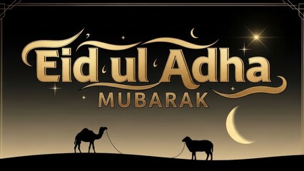 Eid ul Adha Mubarak Greeting with Camel and Sheep Silhouettes