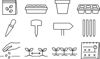 Line style vector icons of planting tools set: seedpacket, planter, pot, tray; dibber, marker, label, stick; sow, space, align,