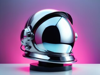 Fototapeta premium Close-up of a shiny astronaut helmet on a stand with a pink and purple background and a white surface.