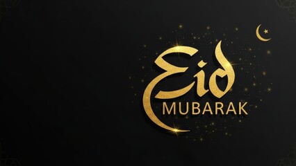 Fototapeta premium Golden Eid Mubarak Arabic Calligraphy with Moon and Stars on Black Background