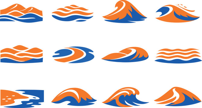 Two-Color vector icons of sandy seascapes: dune waves, sand ripples, desert swell, wind-shaped crest; layered dunes, curved sand