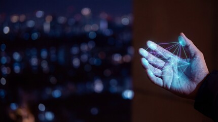 Glowing blue network connections emanating from an outstretched hand against a blurred cityscape at night