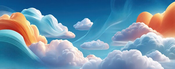 Abstract digital clouds and flowing blue waves create a dreamlike skyscape for modern visuals