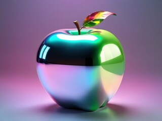 Obraz premium Close-up of a shiny, holographic apple with a leaf on top, set against a purple and pink gradient background with a reflective surface.