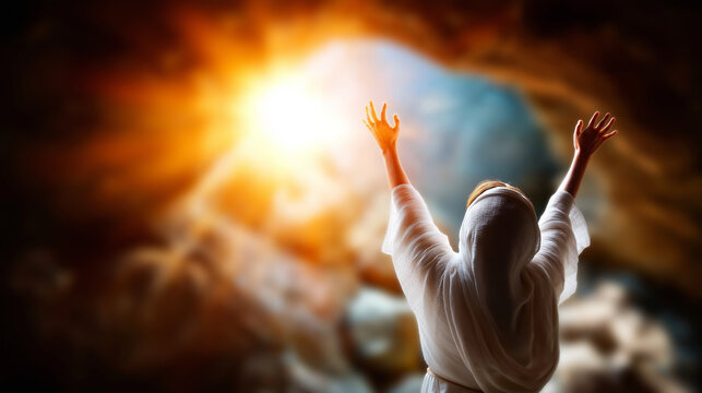 Mary coming out of empty tomb Jesus lives, faceless biblical figure, resurrection narrative, Christian faith, Easter story, spiritual miracle, defocused tomb, with copy space