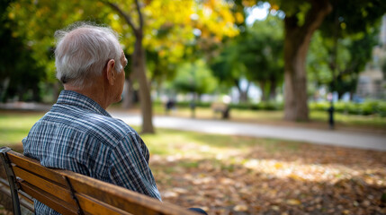 Fototapeta premium Sad old man sitting in park, faceless elderly person, loneliness representation, senior solitude, emotional melancholy, defocused outdoor setting, with copy space