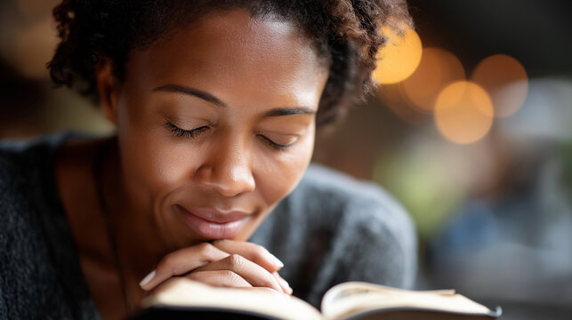 African American woman praying with bible in hands, faceless believer, religious devotion, scripture reading, spiritual practice, faith moment, defocused background, with copy spac