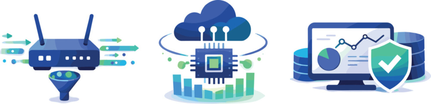 Smart Gateways Illustration. Edge intelligence framework depicted through smart gateways filtering and processing real-time data