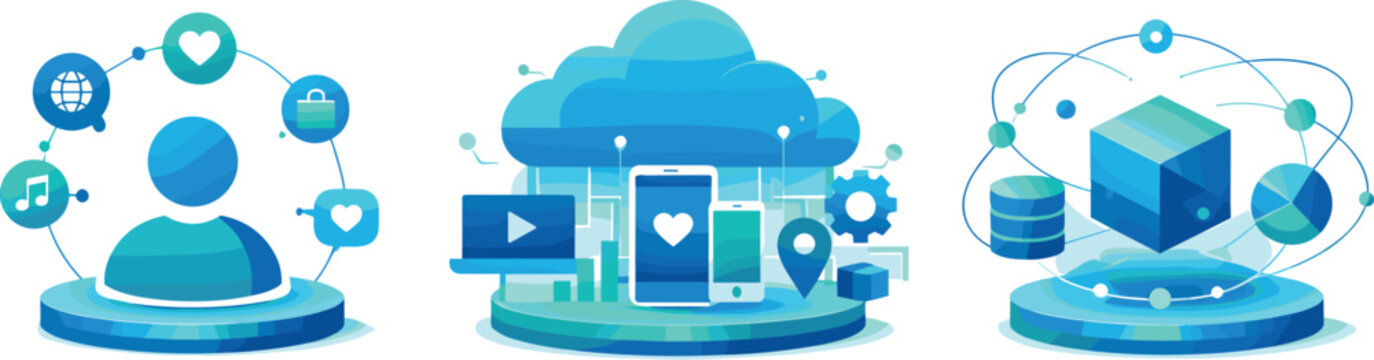 Platform Ecosystem Illustration. Platform-centric digital ecosystem illustrated through unified hubs connecting users, services,
