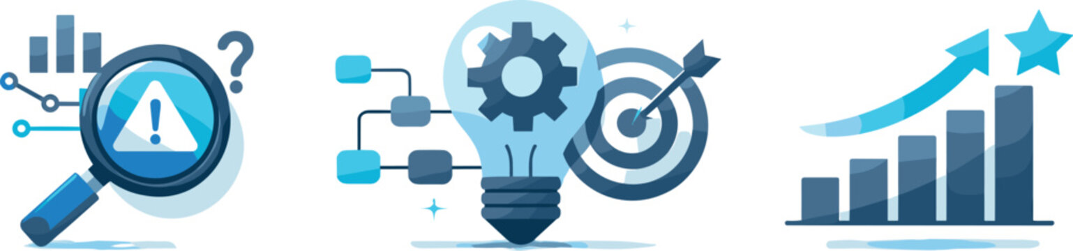 Business Strategy Icons. Business advisory workflow depicted through problem analysis, solution design, and performance