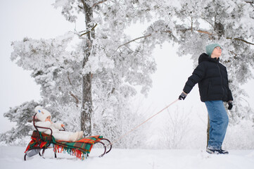Children enjoying winter wonderland pulling baby on sled