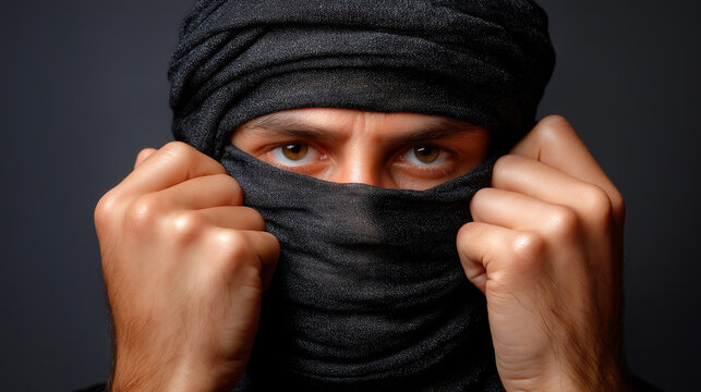 Terrorist criminal portrait, faceless dangerous individual, security threat, extremist representation, law enforcement concern, criminal justice topic, with copy space