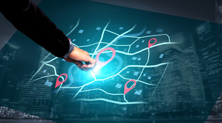 Concept of location tracking and GPS navigation. Map with pins marking a destination and points of interest for travel, delivery routes, or finding a specific address. Fermion