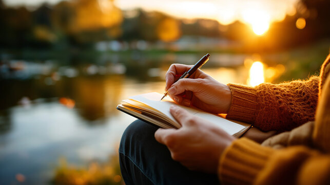 Traveler writing in journal in front of lake at sunset, faceless wanderer, travel documentation, outdoor reflection, journey recording, defocused scenic background, with copy space