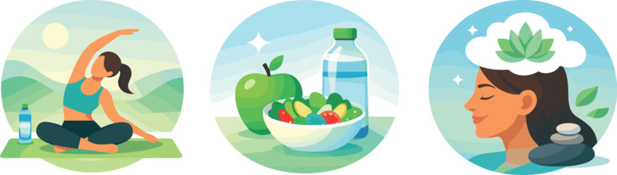 Wellness Routine Icons. Daily wellness routine illustrated through consistent actions supporting physical and mental health