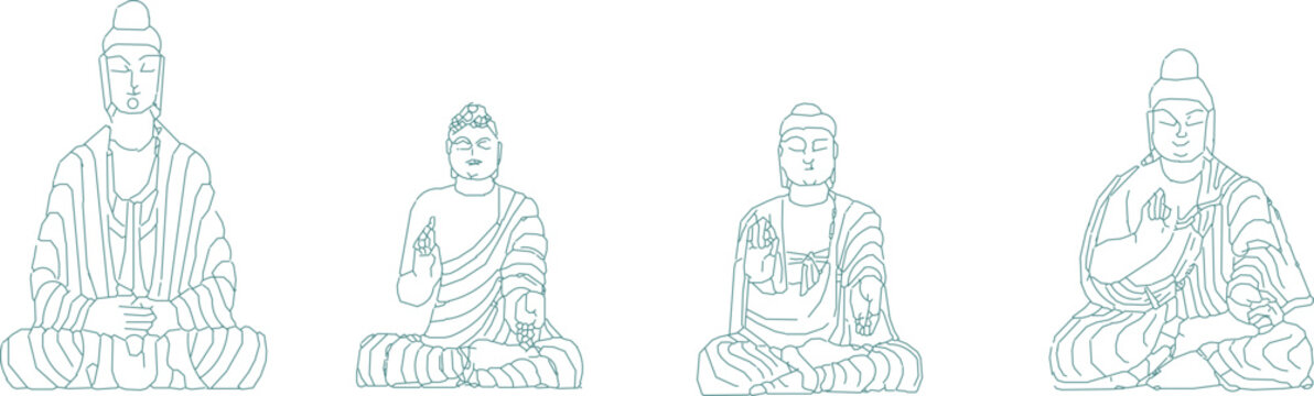 Minimalist vector line art collection of Buddha statues in various meditative poses and mudras, featuring clean contour outlines ideal for Zen-themed interiors, spa designs, or spiritual architectural
