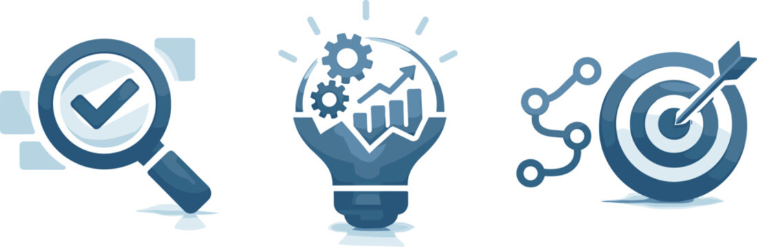 Critical Thinking Symbols. Critical thinking framework depicted through evaluation, analysis, and actionable outcomes addressing