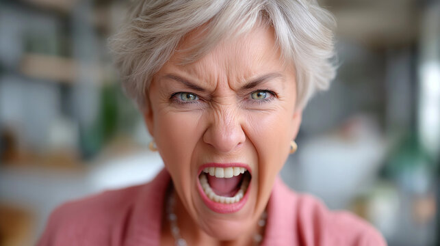 Angry mature woman yelling, faceless upset person, emotional outburst, confrontational moment, frustrated expression, intense reaction, defocused background, with copy space