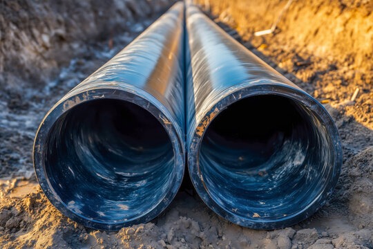 Plastic pipes in the ground during the construction of a building, bunner with copy space