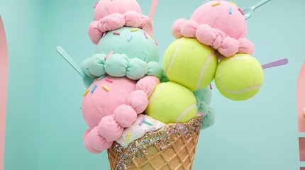  Surreal ice cream tower with giant tennis balls replacing scoops playful dessert sculpture whimsical food art