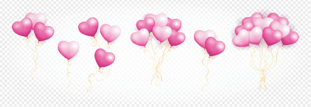 Realistic heart shaped pink air balloons set isolated on transparent background. Bunch of pastel helium balloons. Set of One, two, three, six and nine 3D heart shaped air balloons