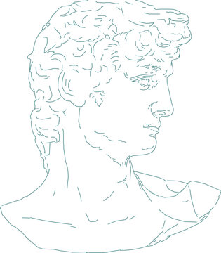 Detailed vector line art illustration of the classical bust of Michelangelo's David, featuring a clean minimalist contour of the iconic Renaissance masterpiece for art history or interior decor themes