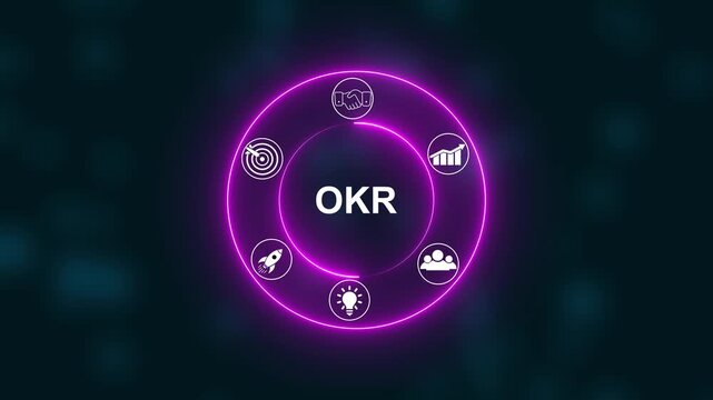 Neon Circle Diagram with OKR concept. Digital Icons Illustrating Modern Technology Applications in Business and Industry. Business, Technology, Internet and network concept.4k animation video