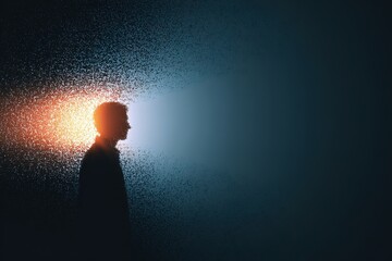 Obraz premium Sad silhouette of a human dissolving into blue and golden particles on dark background