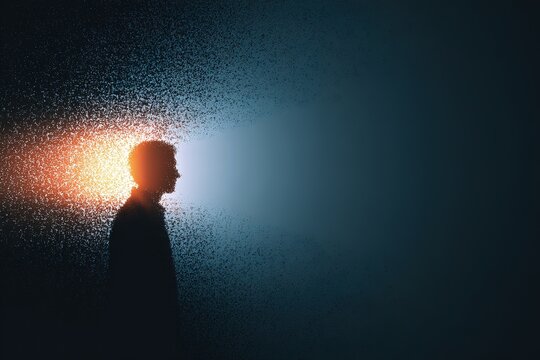 Sad silhouette of a human dissolving into blue and golden particles on dark background