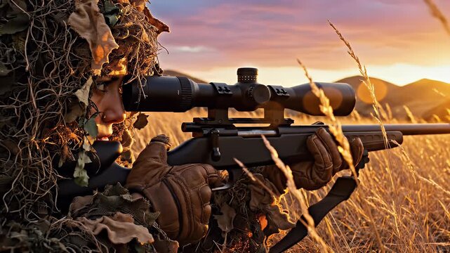 A hunter in a ghillie suit aims a scoped rifle in a golden field at sunset.
