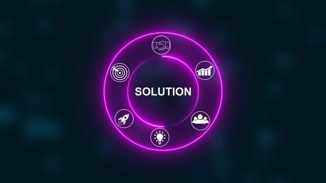 Neon Circle Diagram with Solution concept. Digital Icons Illustrating Modern Technology Applications in Business and Industry. Business, Technology, Internet and network concept.